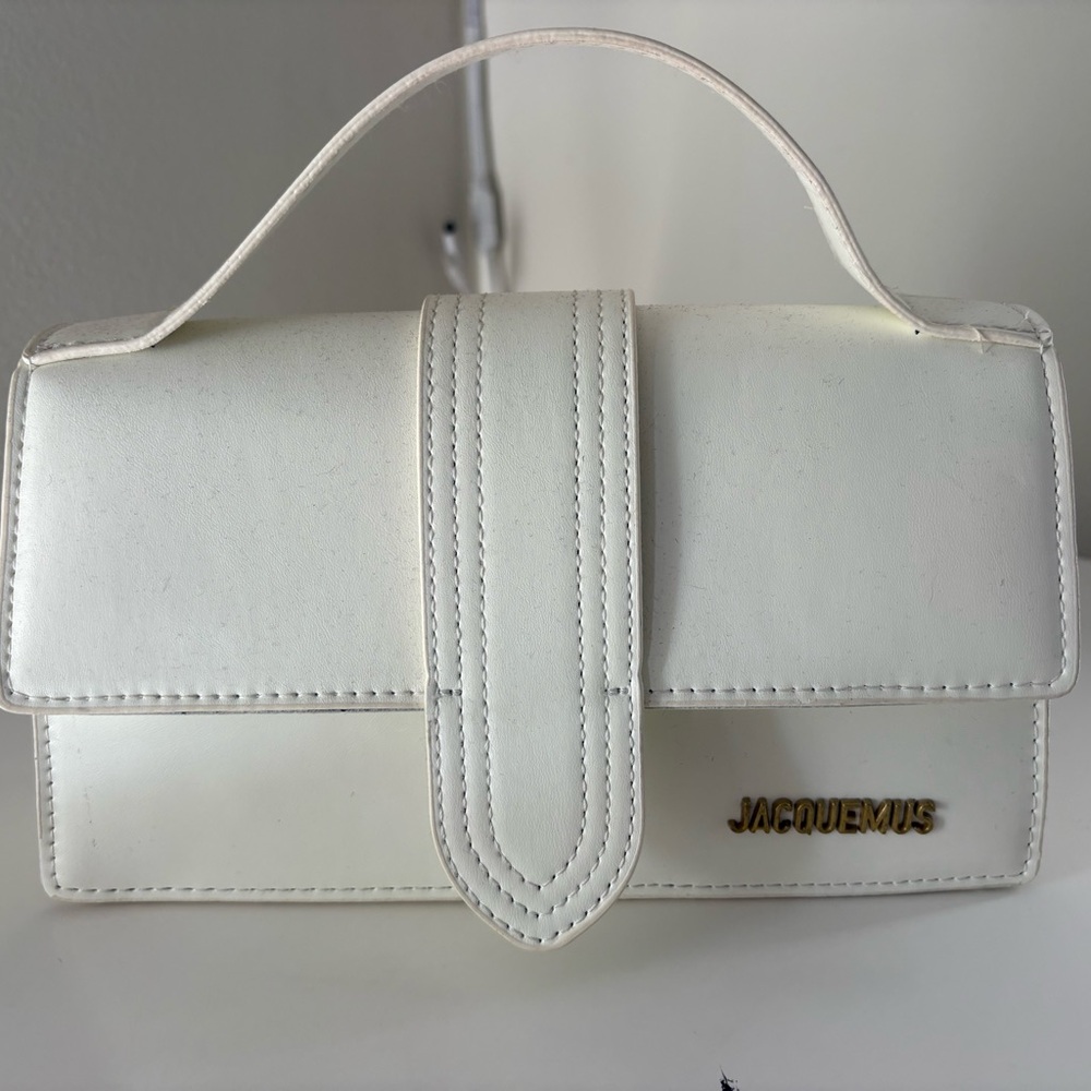 Jacquemus White Mini Leather Top-Handle Bag with Gold Logo